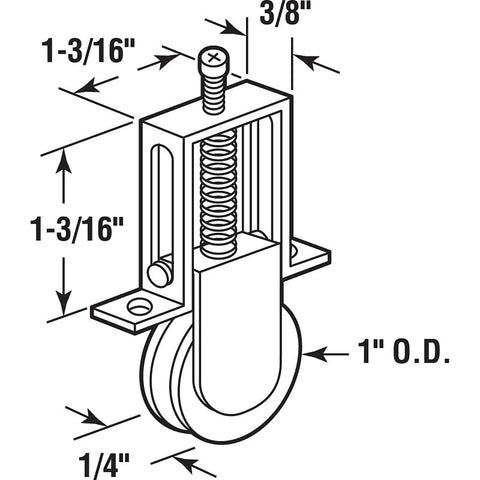 Prime-Line B 530 Adjustable Roller Assembly, Bottom Mounting, 1 in Dia Roller, 1/4 in W Roller, Polyethylene Roller
