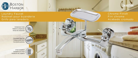 Boston Harbor PF6363204 Laundry Faucet, 1.8 gpm, 2-Faucet Handle, 2-Faucet Hole, Brass, Wall Mounting, Swing Spout