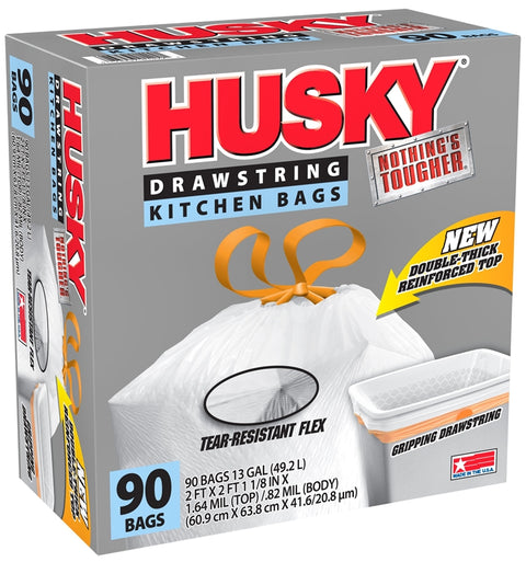 Husky HK13XDSE090W Kitchen Trash Bag, 13 gal 2 ft L x 2 ft 3 in W 0.8 mil T, White