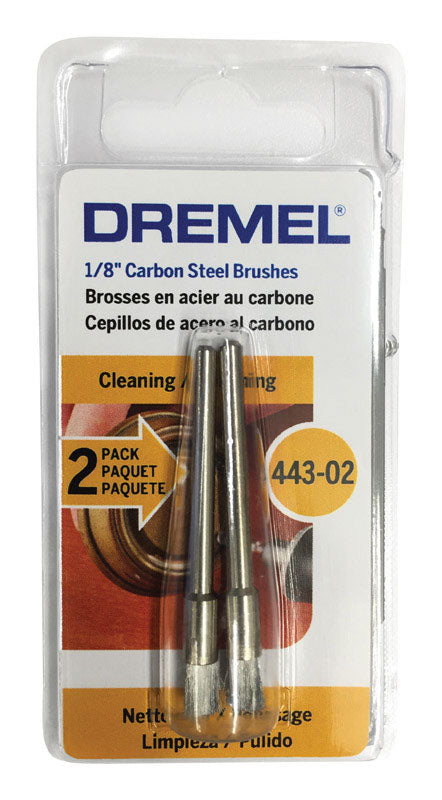 Dremel 443-02 Brush, 1/8 in Dia, 1/8 in Arbor/Shank, Straight Bristle, Carbon Steel Bristle