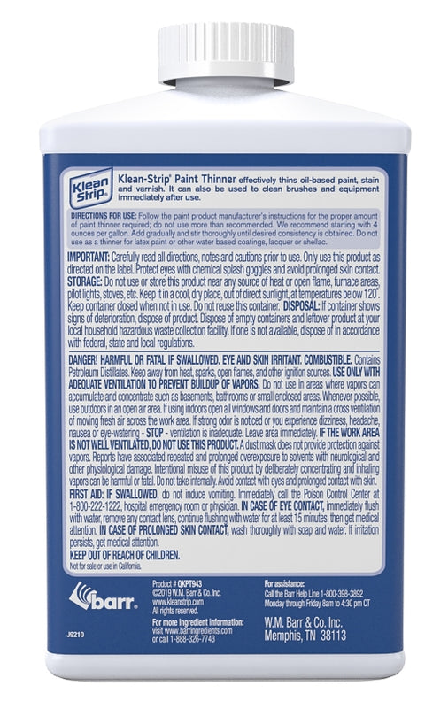 Klean Strip QKPT943 Paint Thinner, Water White, 1 qt, Can, Pack of 4