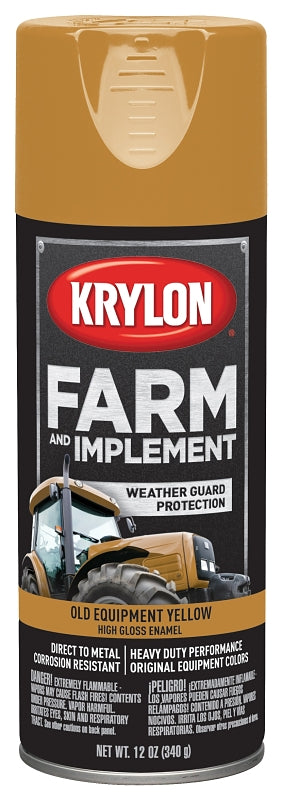 Krylon K01953000 Farm Equipment Spray, 12 oz, 20 sq-ft Coverage Area, Lacquer Base, High-Gloss, Old Equipment CAT Yellow, Pack of 6