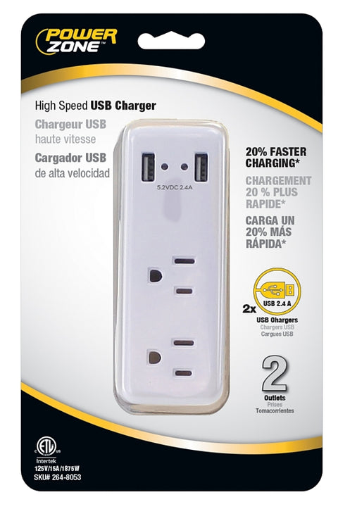 PowerZone ORUSB242 Outlet Charger, 2.4 A, 2-USB Port, 2-Outlet, White