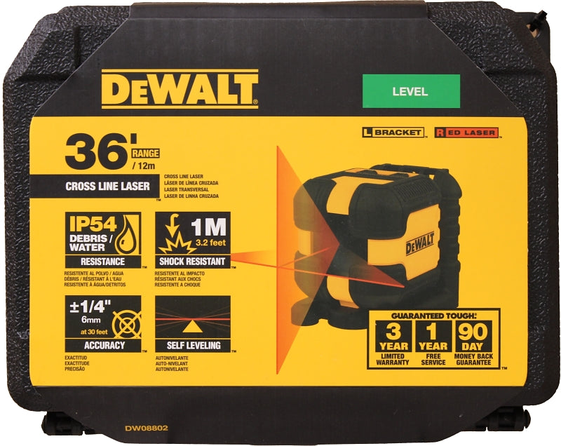 DEWALT DW08802-QU Cross Line Laser Level, 40 ft, 1/4 in Accuracy