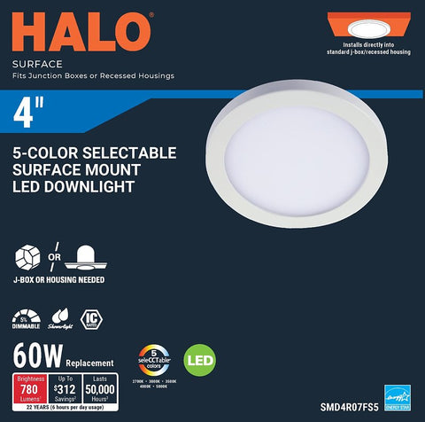 Halo SMD Series SMD4R07FS5 Downlight, 7.9 W, 120 V, LED Lamp, Matte White, Pack of 6