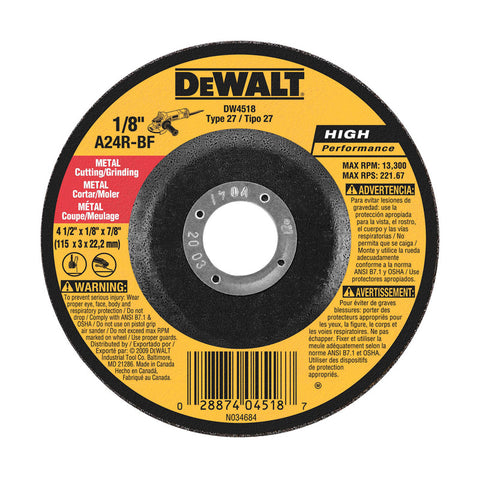 DeWalt High Performance Cutting/Grinding Wheel 4-1/2 in. Dia. x 1/8 in. thick x 7/8 in.