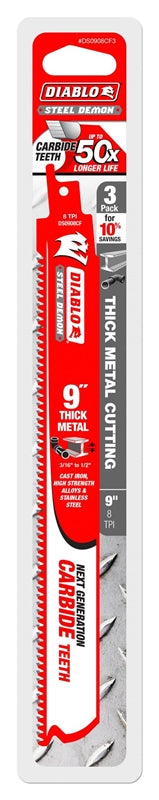 Diablo DS0908CF3 Reciprocating Saw Blade, 8 TPI, 9 in L, Carbide, Red
