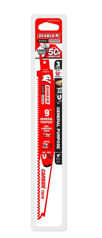 Diablo DS0909CGP3 Reciprocating Saw Blade, Applicable Materials: Metal, Plastic, Wood, 9 in L, 6/9 TPI
