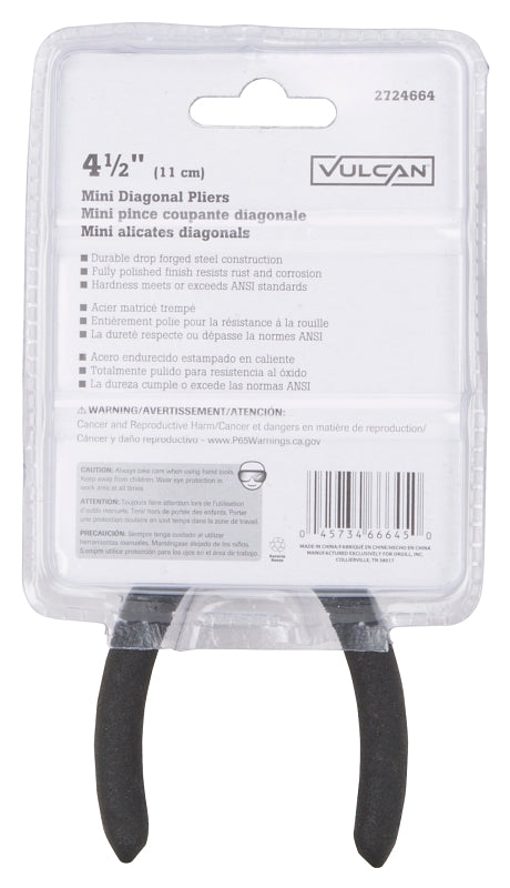 Vulcan JL-NP018 Diagonal Cutting Plier, 4.5 in OAL, 0.4 mm Cutting Capacity, 0.25 in Jaw Opening, Black/Blue Handle