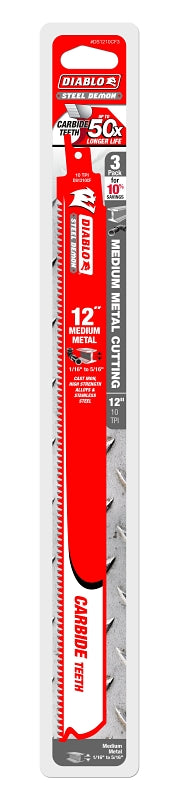 Diablo DS1210CF3 Reciprocating Saw Blade, 12 in L, 10 TPI, Carbide Cutting Edge, 3/PK