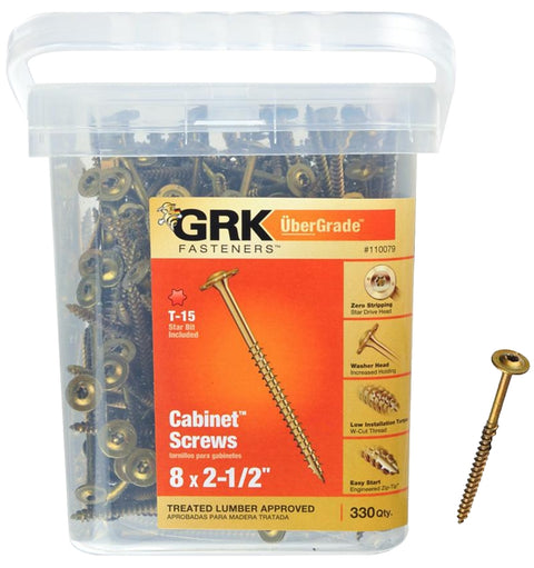 GRK Fasteners 110079 Cabinet Screw, #8 Thread, 2-1/2 in L, Washer Head, Star Drive, Steel, 330 PK