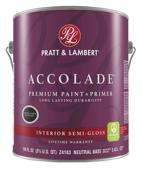 Pratt & Lambert Accolade 0000Z4183-16 Interior Paint, Semi-Gloss Sheen, Neutral, 116 oz, 400 sq-ft Coverage Area, Pack of 4
