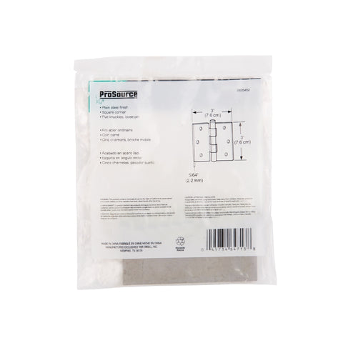 ProSource LR-019-PS Door Hinge, 3 in W Door Leaf, 3 in H Door Leaf, 2.2 mm Thick Door Leaf, Steel, Plain Steel, 100 lb