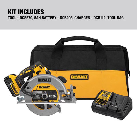 DEWALT DCS570P1 Circular Saw, Battery Included, 20 V, 5 Ah, 7-1/4 in Dia Blade, 57 deg Bevel