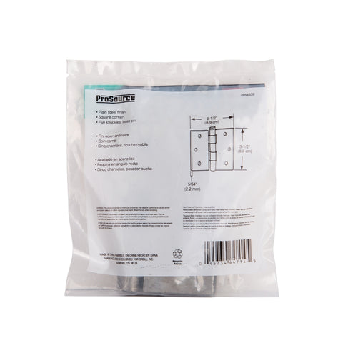 ProSource LR-020-PS Door Hinge, 3-1/2 in W Door Leaf, 3-1/2 in H Door Leaf, 2.2 mm Thick Door Leaf, Steel, Plain Steel