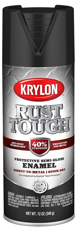 Krylon Rust Tough K09267008 Enamel Spray Paint, Semi-Gloss, Black, 12 oz, Can, Pack of 6