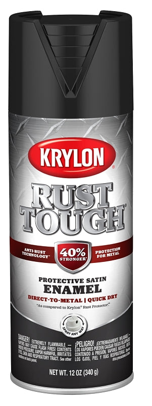 Krylon Rust Tough K09269008 Enamel Spray Paint, Satin, Black, 12 oz, Can, Pack of 6