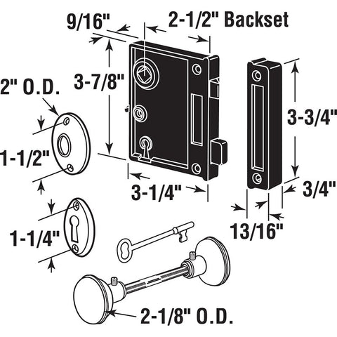 Prime-Line E 2437 Mortise Lockset, Steel, Brass, 2-1/2 in Backset