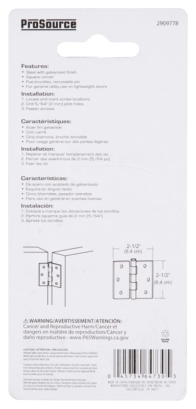 ProSource LR-043-PS Utility Hinge, Steel, Zinc, Removable Pin, 180 deg Range of Motion, Full Mortise Mounting