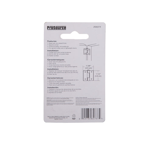 ProSource LR-053-PS Utility Hinge, Steel, Zinc, Removable Pin, 180 deg Range of Motion, Full Mortise Mounting