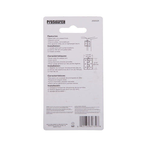 ProSource LR-055-PS Utility Hinge, Steel, Zinc, Removable Pin, 180 deg Range of Motion, Full Mortise Mounting