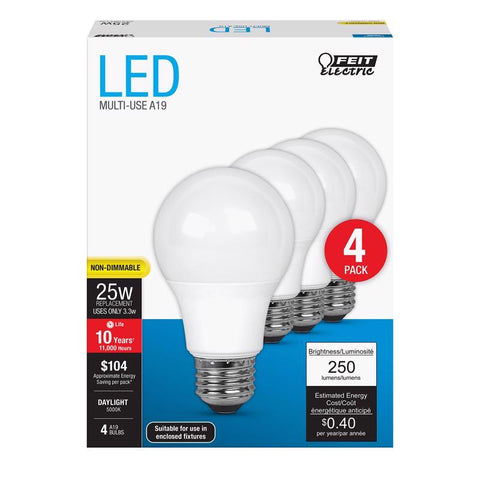 Feit A19 E26 (Medium) LED Bulb Daylight 25 Watt Equivalence 4 pk