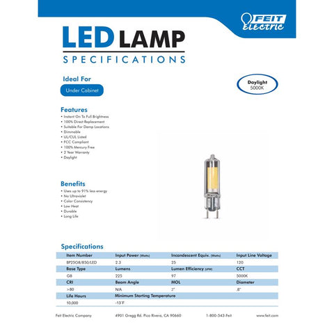 Feit T4 G8 LED Bulb Daylight 25 Watt Equivalence 1 pk