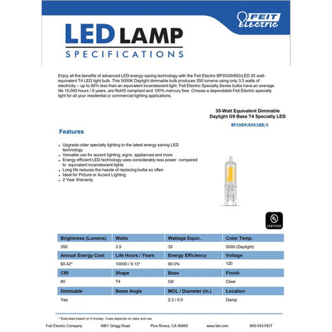 Feit T4 G9 LED Bulb Daylight 35 Watt Equivalence 1 pk