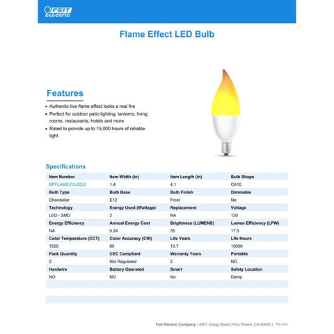 Feit CA10 (Flame Tip) E12 (Candelabra) LED Flame Bulb Warm White 2 Watt Equivalence 2 pk