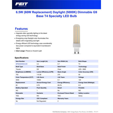 Feit T4 G9 LED Bulb Daylight 60 Watt Equivalence 1 pk