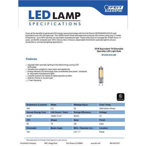 Feit T4 G8 LED Bulb Warm White 25 Watt Equivalence 1 pk