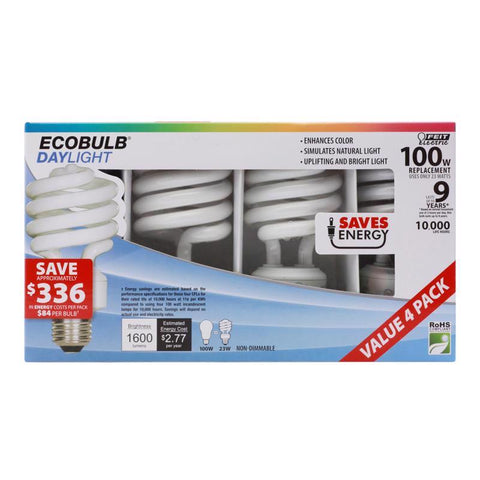 Feit Electric ESL23TM/D/4 Compact Fluorescent Bulb, 23 W, Twist Lamp, E26 Medium Lamp Base, 1600 Lumens, Daylight Deluxe