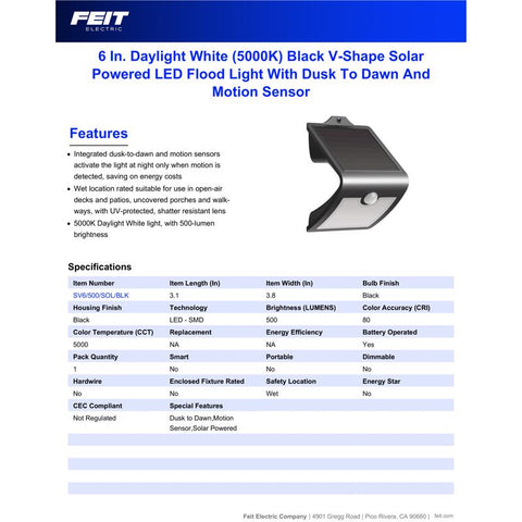 Feit LED Motion-Sensing Solar Powered LED Black Security Light