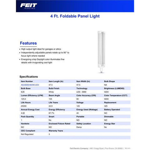 Feit 40 W ED26 LED Foldable Light 5000 lm Daylight High Lumen 1 pk