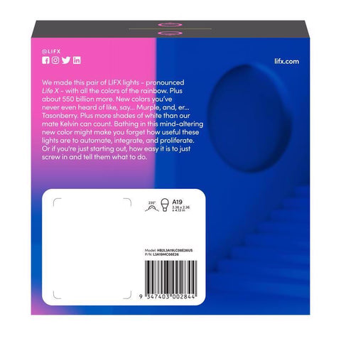 LIFX Smart Home A19 E26 (Medium) Smart-Enabled LED Bulb Color Changing 60 Watt Equivalence 2 pk