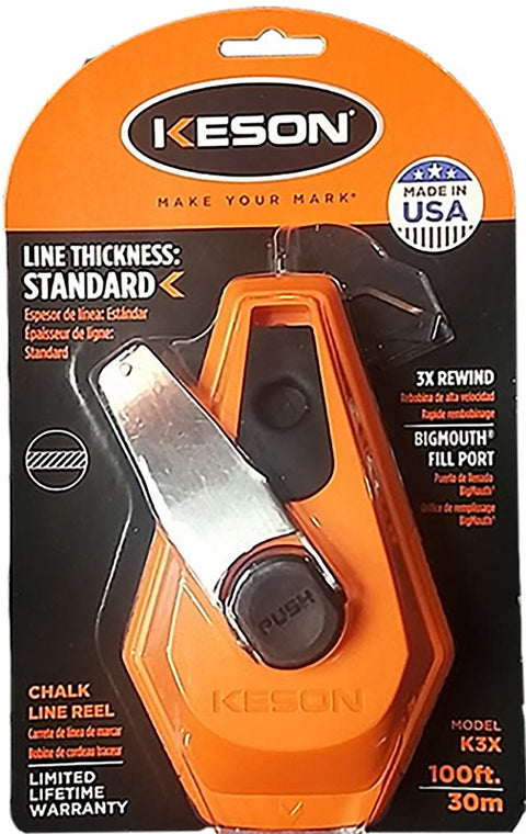 Keson K3X Standard Chalk Line Reel, 100 ft L Line, 3:1 Gear Ratio