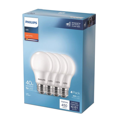 Philips A19 E26 (Medium) LED Bulb Soft White 40 Watt Equivalence 4 pk