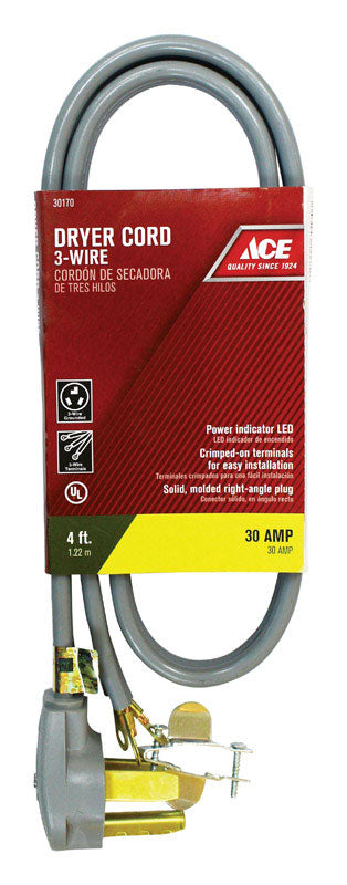 Ace 10/3 SRDT 250 volts Dryer Cord 3 Wire 4 ft. L Gray