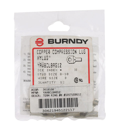 Burndy Industrial Ring Terminal Uninsulated 8 AWG No. 8-10 Silver 12 pk