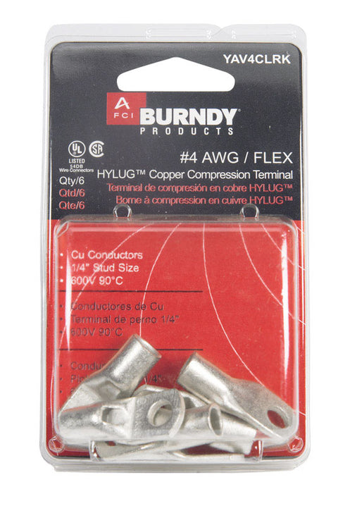 Burndy Industrial Ring Terminal Uninsulated 4 AWG 1/4 in. Silver 12 pk