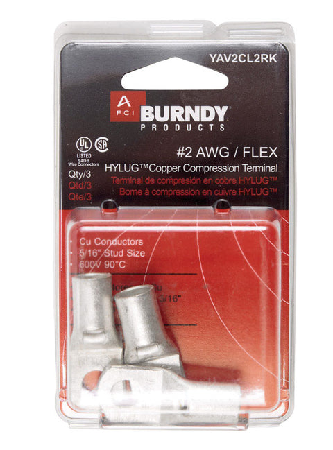 Burndy Industrial Ring Terminal Uninsulated 2 AWG 5/16 in. Silver 3 pk