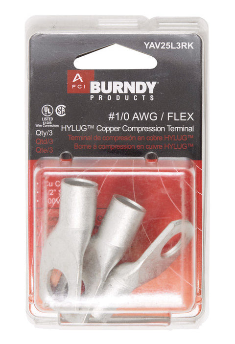Burndy Industrial Ring Terminal Uninsulated 1/0 AWG 1/2 in. Silver 3 pk
