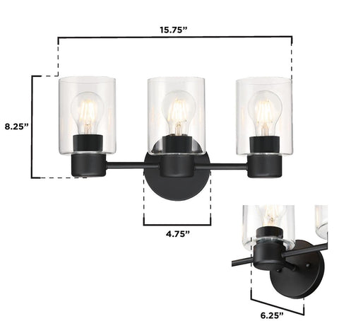Westinghouse Sylvestre Series 6115600 Wall Fixture, 120 V, 3-Lamp, Incandescent, LED Lamp, Steel Fixture, Black Fixture