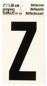 Hy-Ko RV-25/Z Reflective Letter, Character: Z, 2 in H Character, Black Character, Silver Background, Vinyl, Pack of 10