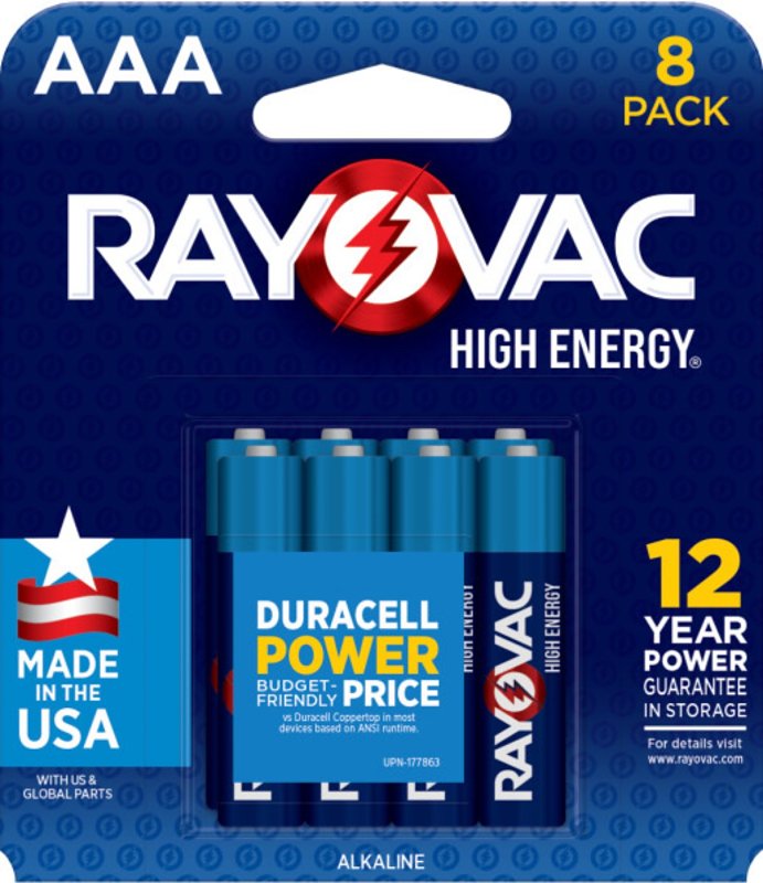 Rayovac High Energy 824-8T1 Battery, 1.5 V Battery, 1100 mAh, AAA Batt ...