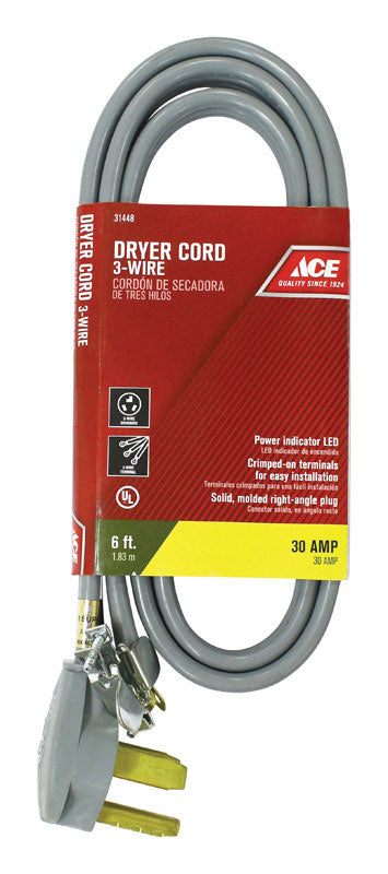 Ace 10/3 SRDT 250 volts Dryer Cord 3 Wire 6 ft. L Gray