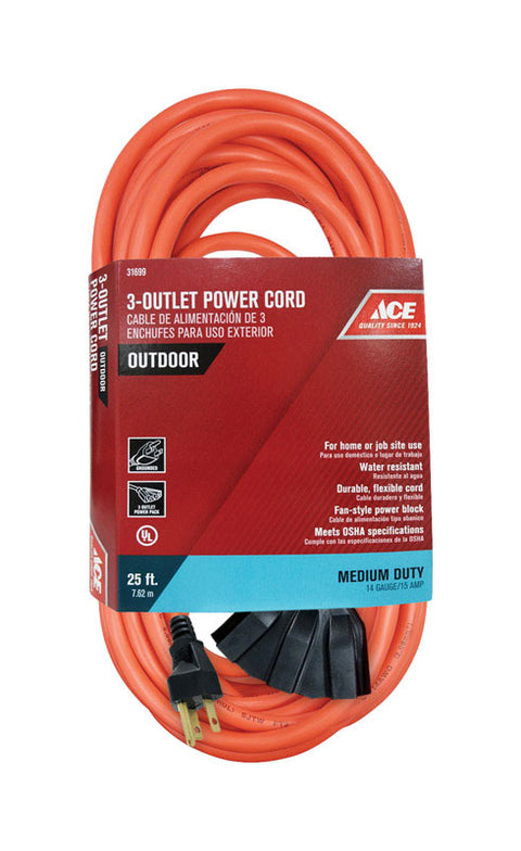 Ace Indoor and Outdoor Triple Outlet Cord 14/3 SJTW 25 ft. L Orange