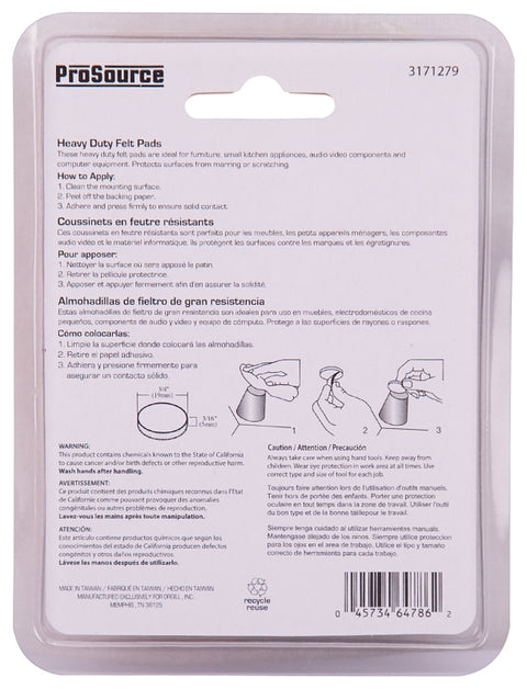 ProSource FE-50200-PS Furniture Pad, Felt Cloth, Beige, 3/4 in Dia, 3/16 in Thick, Round