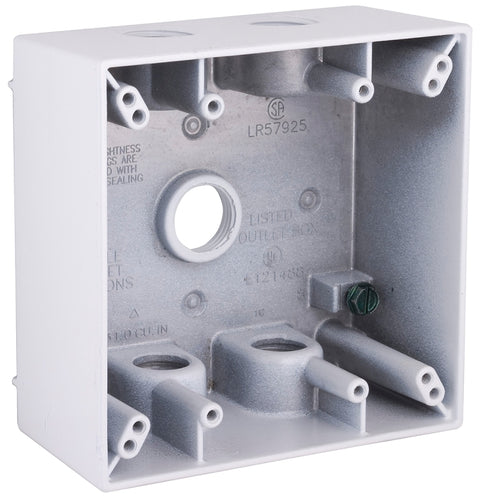 Bell Outdoor 5337-1 Weatherproof Box, 4-1/2 in W, 4-1/2 in D, 5-Knockout, Lug Mounting, NEMA 3R, Aluminum, White