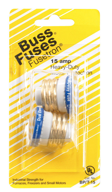 Bussmann T-Type Plug 15 amps 125 volts 1.16 in. Dia. x 1.25 in. L 2 pk For Small Motor Overload Pr